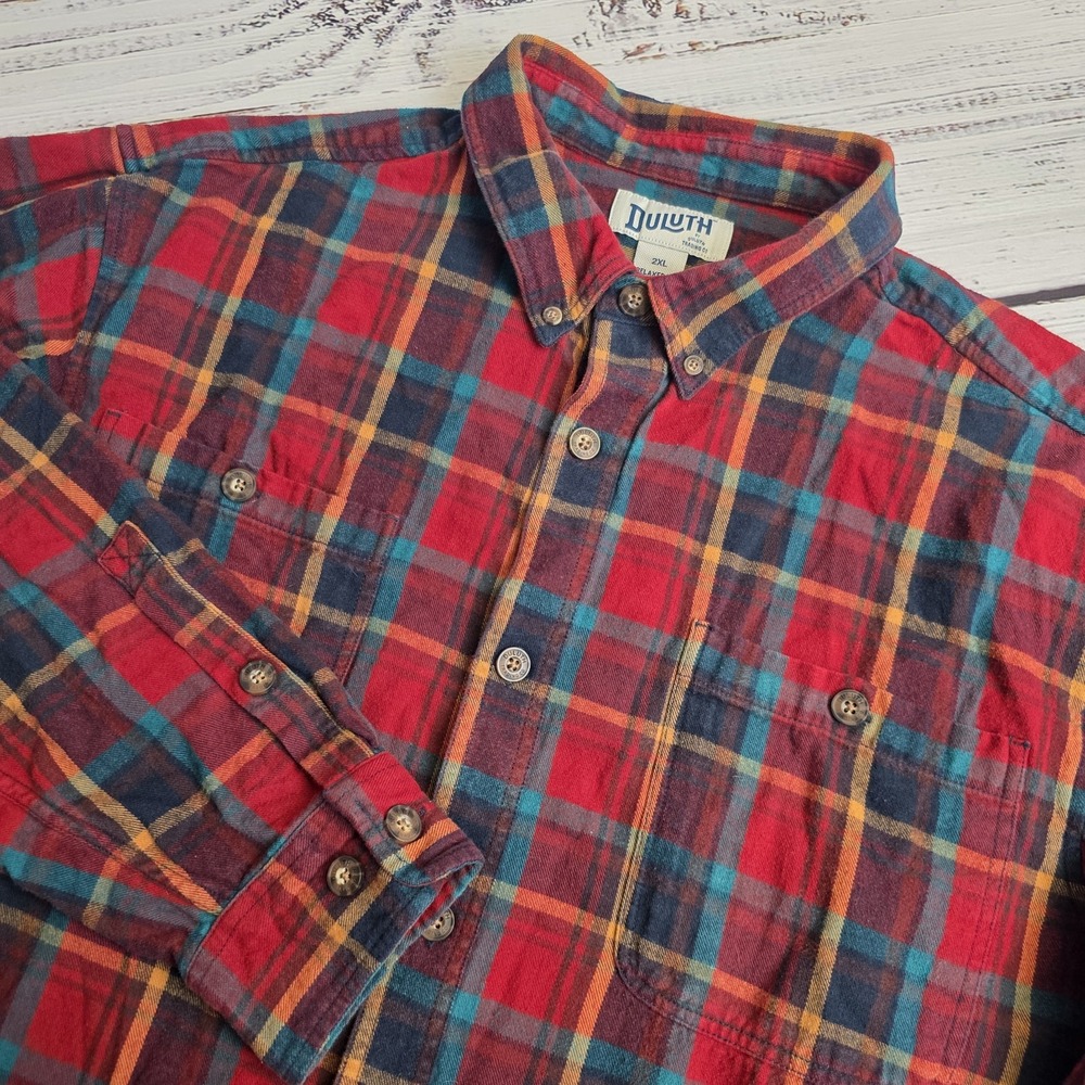 Duluth Trading Shirt Mens 2XL Red Plaid Flannel Free Swingin Flannel Relaxed Fit